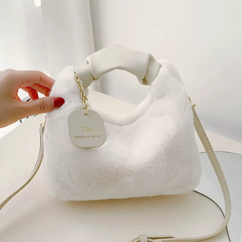 Women Faux Fur Plush Handbags Ruched Handle Small Lady Shoulder Crossbody Bag Casual Half-Moon Hobos Winter Bags for Women