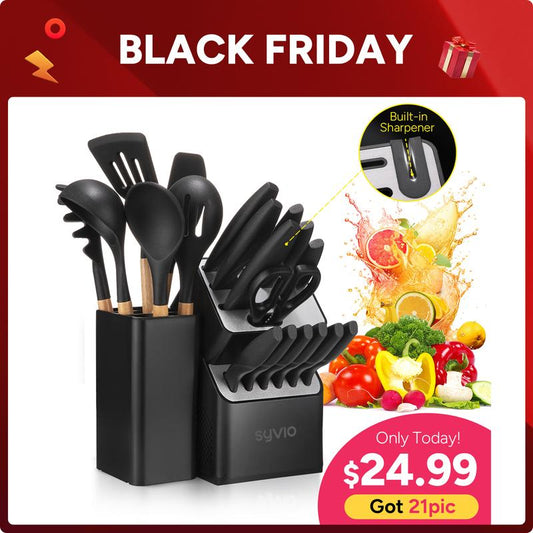Christmas Gift Syvio 21 Pcs Kitchen Knife Set, Knife Sets with Block and 6 PCS Kitchen Utensils Set, Knives Set for Kitchen 15 Pieces with Built-In Sharpener, Utensils Holder for Storing Kitchen Tools