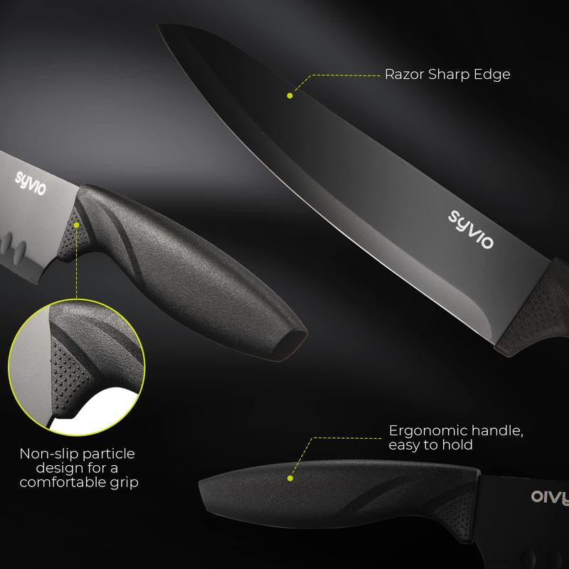 Christmas Gift Syvio 21 Pcs Kitchen Knife Set, Knife Sets with Block and 6 PCS Kitchen Utensils Set, Knives Set for Kitchen 15 Pieces with Built-In Sharpener, Utensils Holder for Storing Kitchen Tools