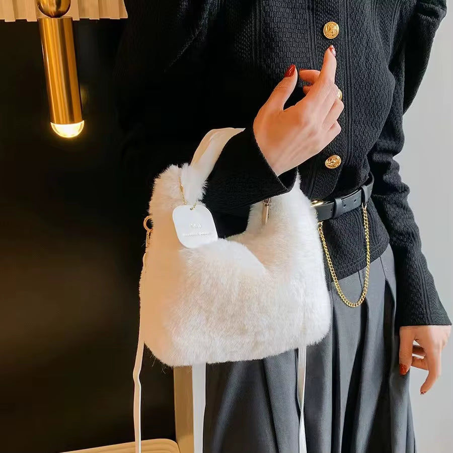 Women Faux Fur Plush Handbags Ruched Handle Small Lady Shoulder Crossbody Bag Casual Half-Moon Hobos Winter Bags for Women