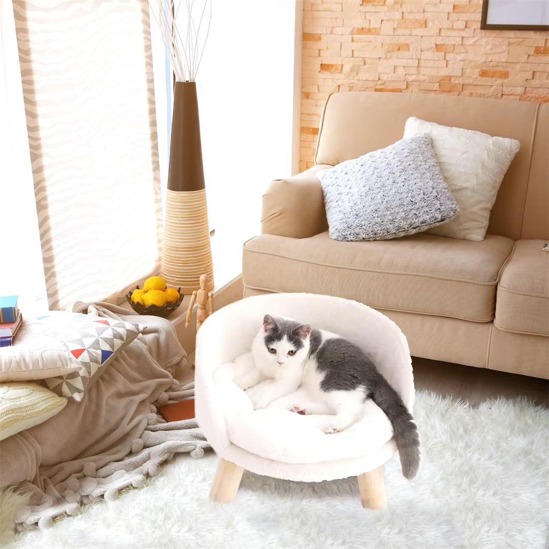 Luxury Cat Bed Soft Warm Plush Fabric Pet Nesting Chair Bed Stool Wood Legs with Cushion Pad Washable Waterproof for Small Pets