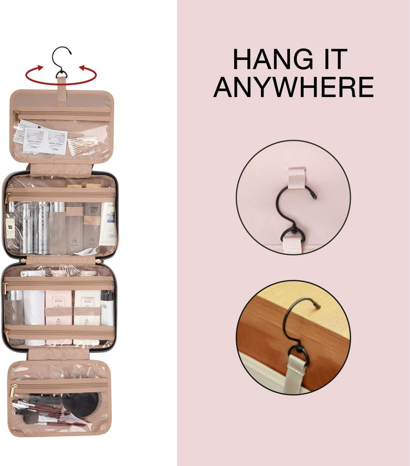 Hanging Toiletry Bag Travel Large Capacity Wash Bag Womens Makeup Cosmetic Bag, Travel Accessories for Full Sized Container (Medium-Pink)