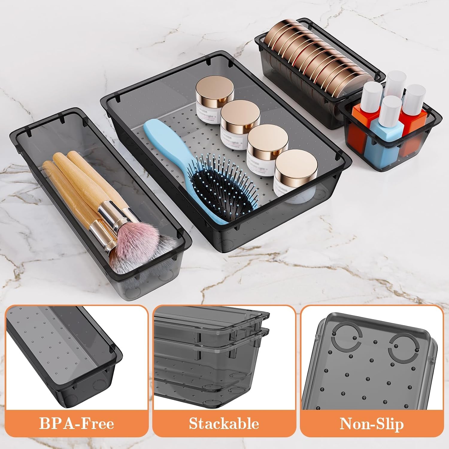 25 PCS Plastic Drawer Organizer Set, 4-Size Versatile Organizer Tool Trays & Storage Bins for Makeup, Jewelry, and Gadgets in Bathroom, Bedroom and Office,Clear Black