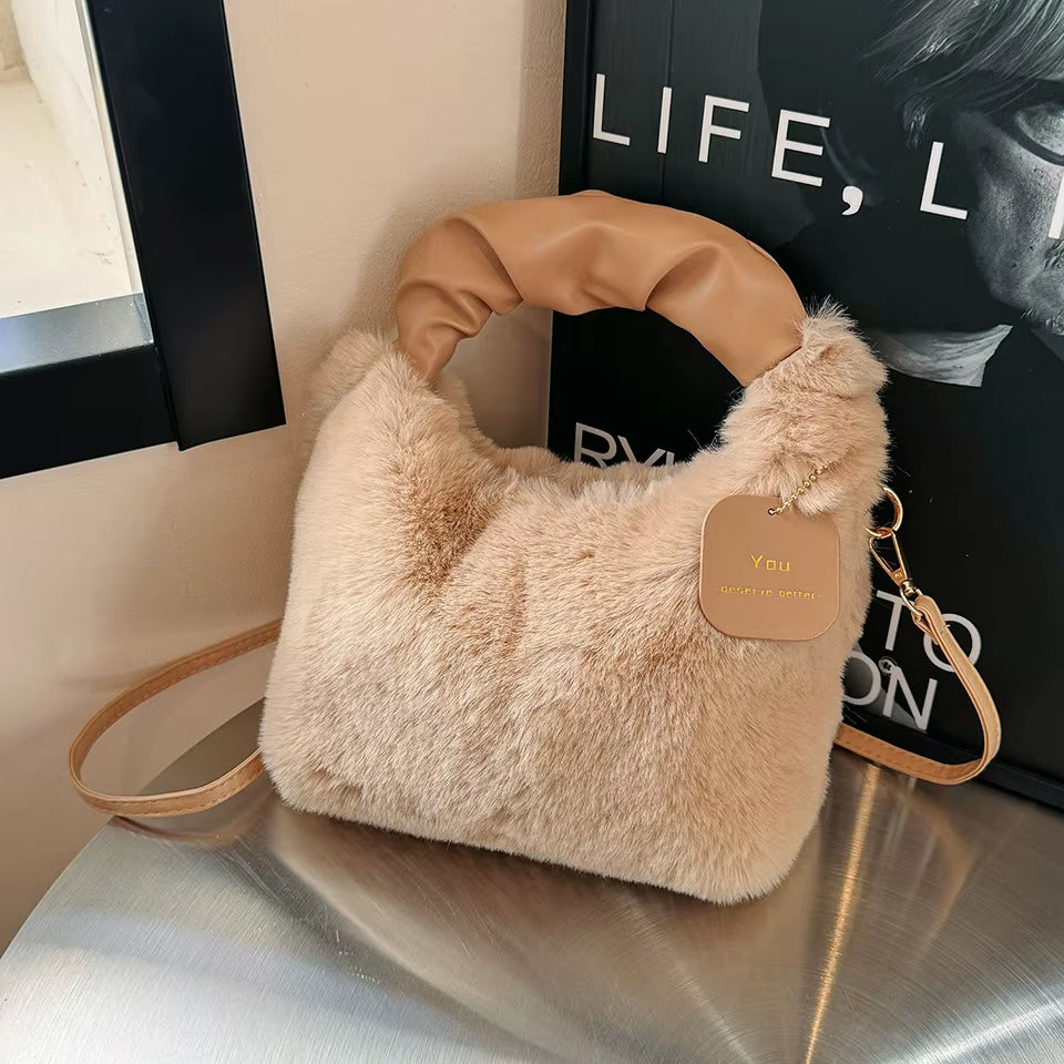 Women Faux Fur Plush Handbags Ruched Handle Small Lady Shoulder Crossbody Bag Casual Half-Moon Hobos Winter Bags for Women