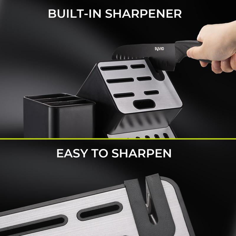 Christmas Gift Syvio 21 Pcs Kitchen Knife Set, Knife Sets with Block and 6 PCS Kitchen Utensils Set, Knives Set for Kitchen 15 Pieces with Built-In Sharpener, Utensils Holder for Storing Kitchen Tools