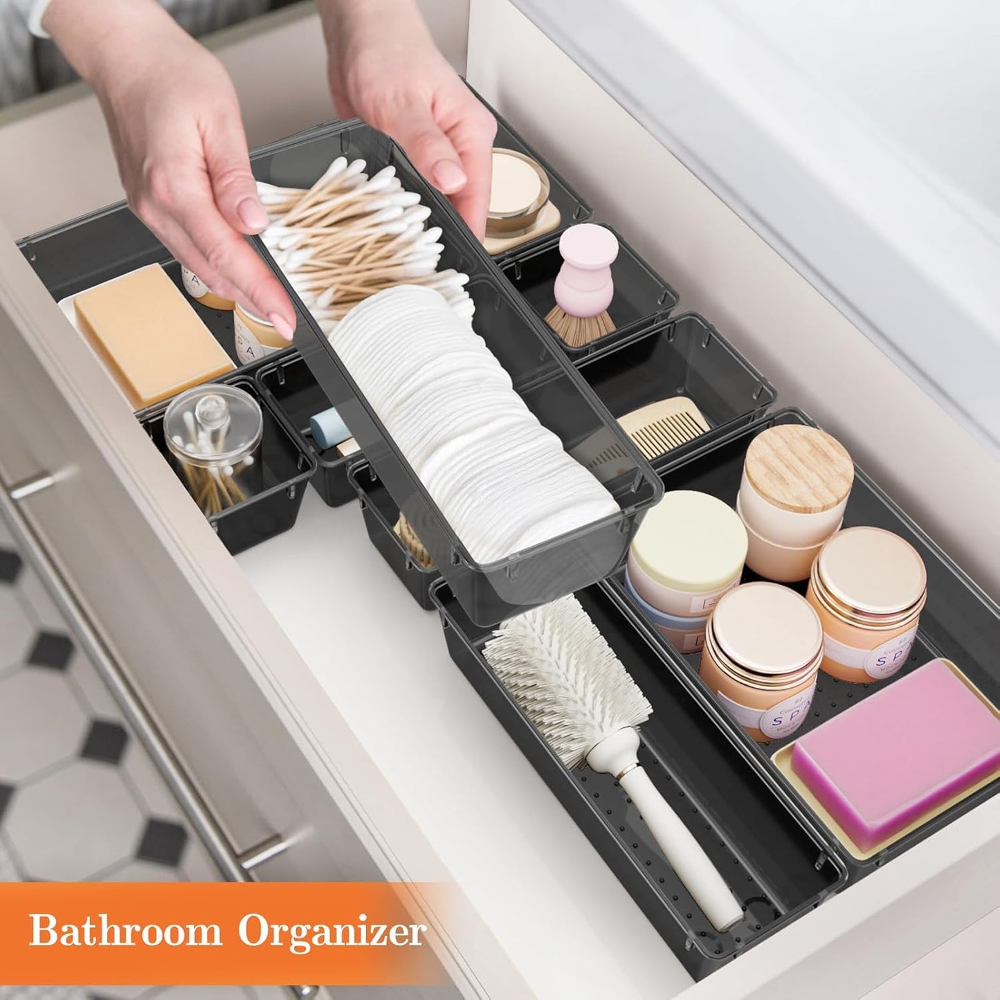25 PCS Plastic Drawer Organizer Set, 4-Size Versatile Organizer Tool Trays & Storage Bins for Makeup, Jewelry, and Gadgets in Bathroom, Bedroom and Office,Clear Black