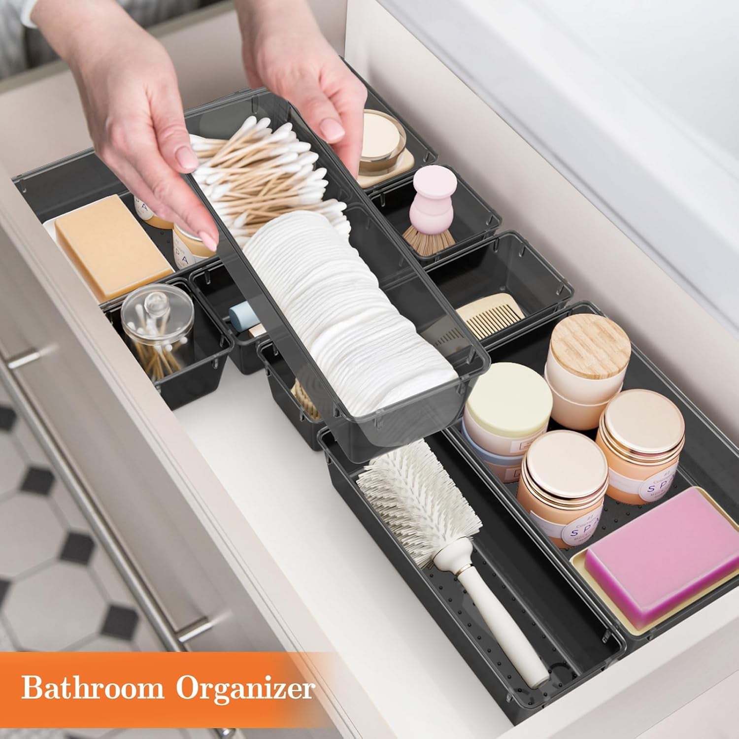 25 PCS Plastic Drawer Organizer Set, 4-Size Versatile Organizer Tool Trays & Storage Bins for Makeup, Jewelry, and Gadgets in Bathroom, Bedroom and Office,Clear Black