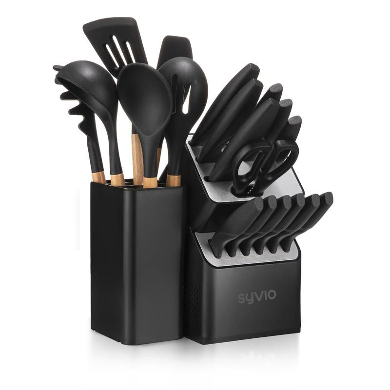 Christmas Gift Syvio 21 Pcs Kitchen Knife Set, Knife Sets with Block and 6 PCS Kitchen Utensils Set, Knives Set for Kitchen 15 Pieces with Built-In Sharpener, Utensils Holder for Storing Kitchen Tools
