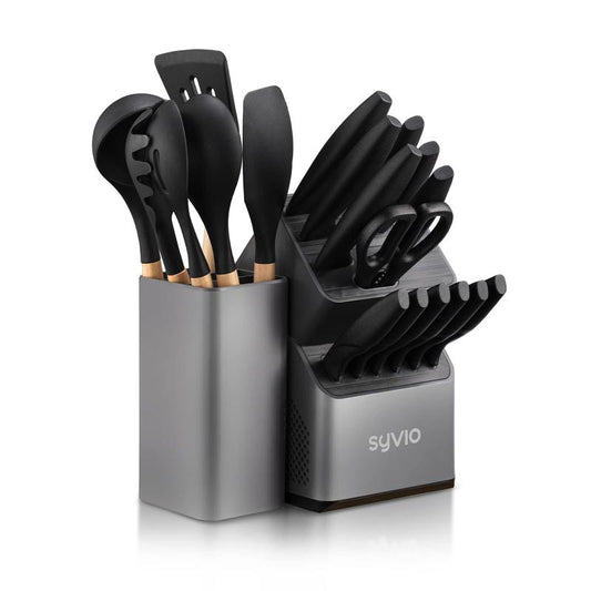 Christmas Gift Syvio 21 Pcs Kitchen Knife Set, Knife Sets with Block and 6 PCS Kitchen Utensils Set, Knives Set for Kitchen 15 Pieces with Built-In Sharpener, Utensils Holder for Storing Kitchen Tools