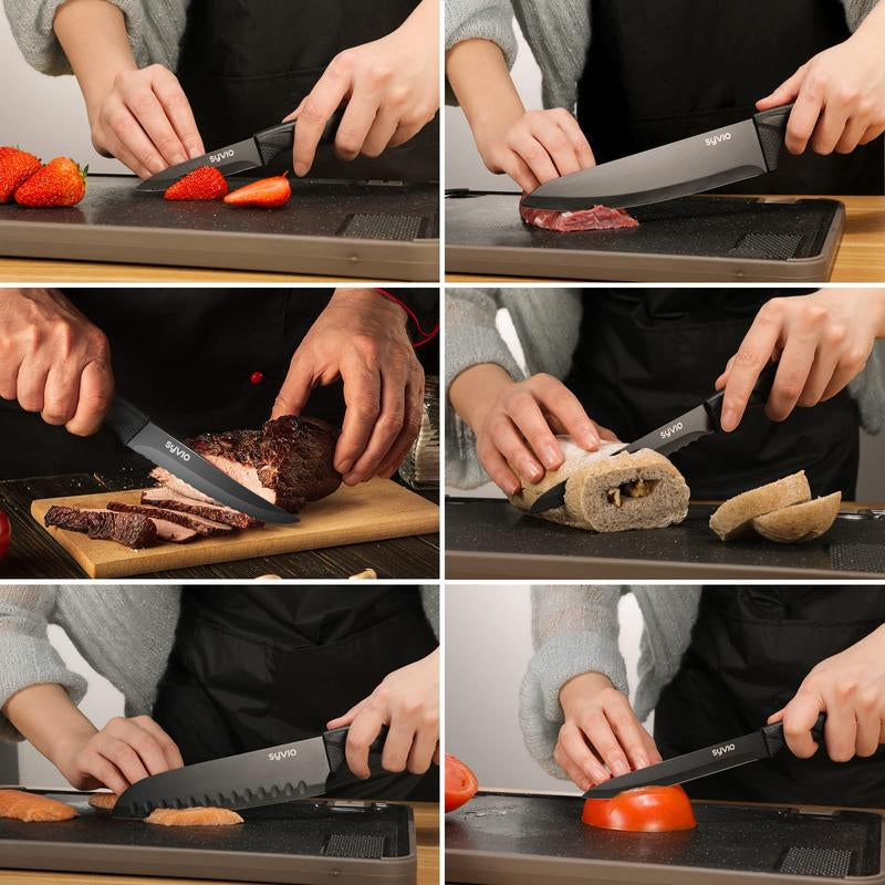 Christmas Gift Syvio 21 Pcs Kitchen Knife Set, Knife Sets with Block and 6 PCS Kitchen Utensils Set, Knives Set for Kitchen 15 Pieces with Built-In Sharpener, Utensils Holder for Storing Kitchen Tools